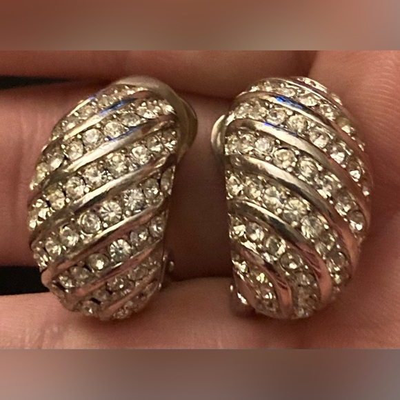 CHRISTIAN DIOR Vintage Silver Crystal Huggie Hoop Clip-On Earrings - Picture 3 of 9